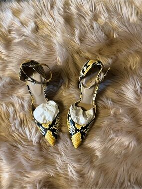 Aldo Yellow and Black Snake-Print Pointed Ankle-Strap Heels